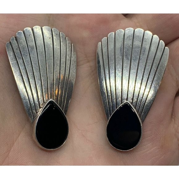 Vintage 925 Sterling Silver & Black Onyx Artist Signed Clip Earrings 14.6g - Picture 1 of 5